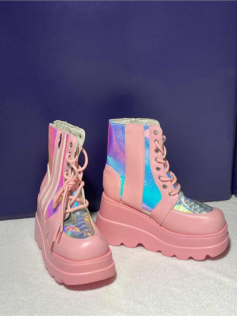 Pink Holographic Platform Lace-Up Boots for Women